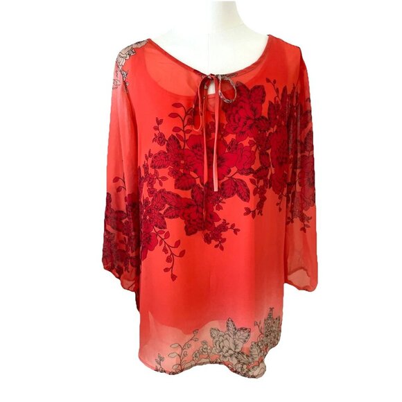 Roz & Ali Tops - Roz & Ali Sheer Tunic Top with Tank Size Large Colorful Floral Boho Fairycore